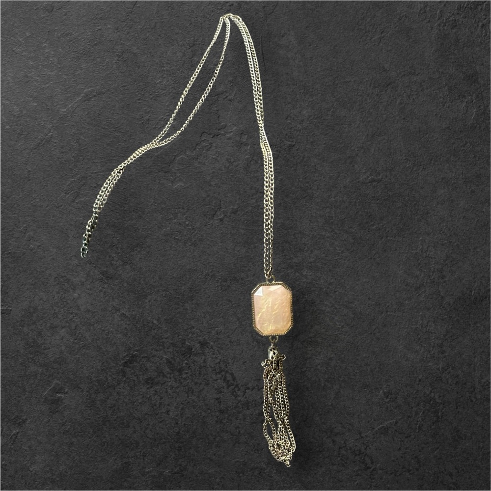 Statement Necklace‎ Gold Chain Pink Stone Tassel Pendant Boho Chic Jewelry